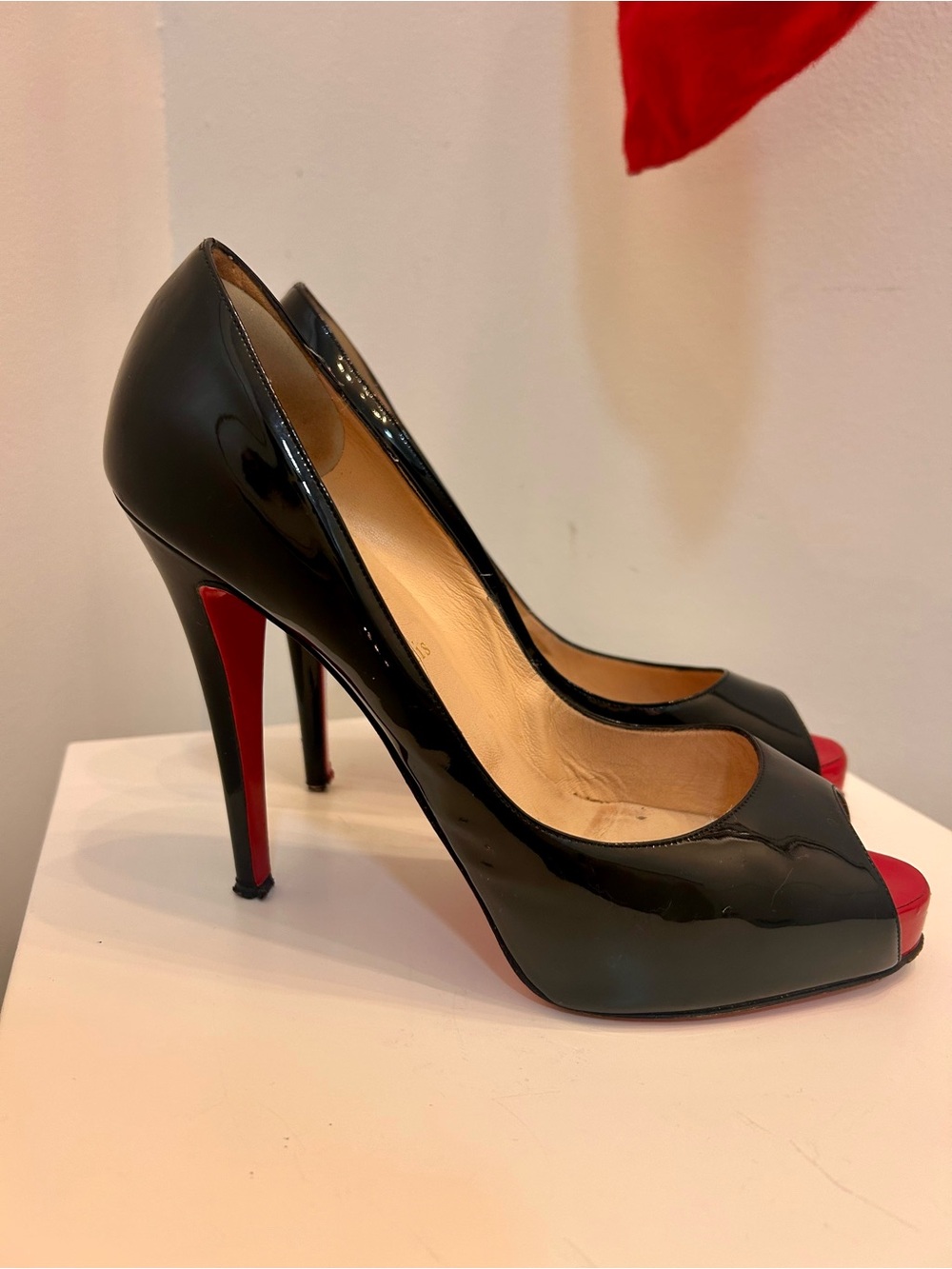 Christian Louboutin shoes. Black Patent leather peep-toe 5” heels. Size 10